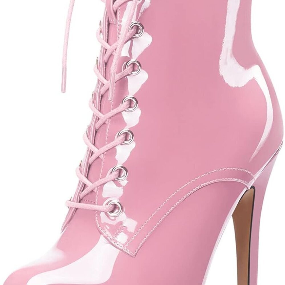 Women Ankle Boots Short Patent Platform Heel Dress Shoes Lace-Up Size 7